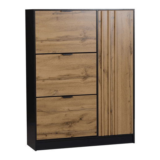 Armário para sapatos 100x30x130 cm - MDF com 3 compartimentos rebatíveis e 1 armário com porta, capacidade para 12 pares, até 50 kg, móvel de entrada - madeira natural + preto Armário para sapatos 100x30x130 cm - MDF com 3 compartimentos rebatíveis e 1 armário com porta, capacidade para 12 pares, até 50 kg, móvel de entrada - madeira natural + preto