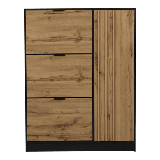 Armário para sapatos 100x30x130 cm - MDF com 3 compartimentos rebatíveis e 1 armário com porta, capacidade para 12 pares, até 50 kg, móvel de entrada - madeira natural + preto Armário para sapatos 100x30x130 cm - MDF com 3 compartimentos rebatíveis e 1 armário com porta, capacidade para 12 pares, até 50 kg, móvel de entrada - madeira natural + preto