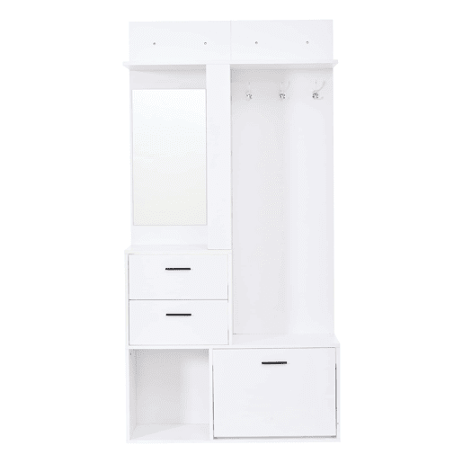 Móvel de entrada com cabideiro e banco para sapatos 90x30x180 cm - 2 gavetas, 3 ganchos, espelho de vidro, 3 prateleiras - branco