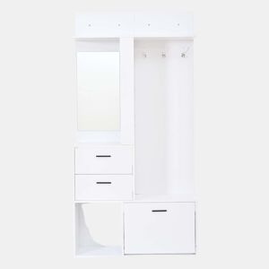 Móvel de entrada com cabideiro e banco para sapatos 90x30x180 cm - 2 gavetas, 3 ganchos, espelho de vidro, 3 prateleiras - branco