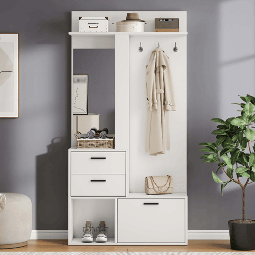 Móvel de entrada com cabideiro e banco para sapatos 90x30x180 cm - 2 gavetas, 3 ganchos, espelho de vidro, 3 prateleiras - branco