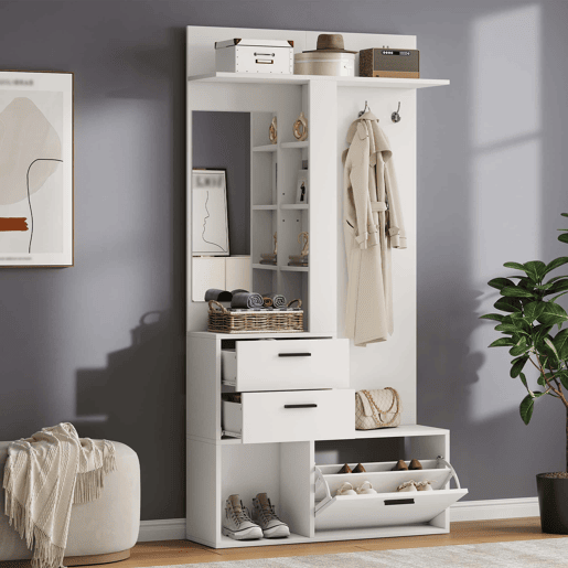 Móvel de entrada com cabideiro e banco para sapatos 90x30x180 cm - 2 gavetas, 3 ganchos, espelho de vidro, 3 prateleiras - branco