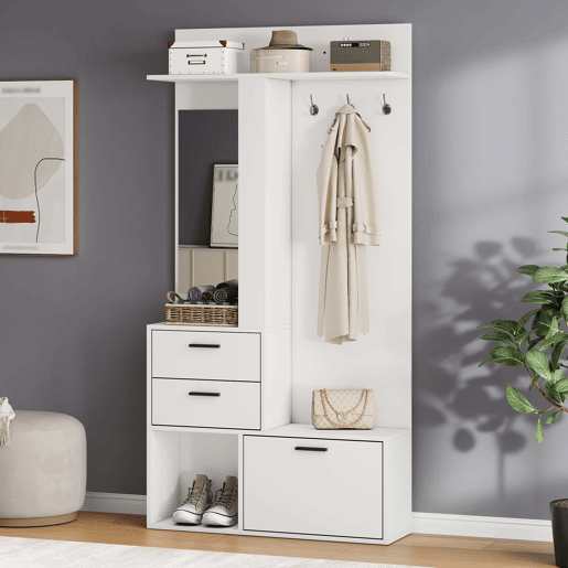 Móvel de entrada com cabideiro e banco para sapatos 90x30x180 cm - 2 gavetas, 3 ganchos, espelho de vidro, 3 prateleiras - branco