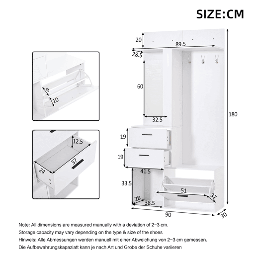 Móvel de entrada com cabideiro e banco para sapatos 90x30x180 cm - 2 gavetas, 3 ganchos, espelho de vidro, 3 prateleiras - branco