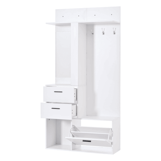 Móvel de entrada com cabideiro e banco para sapatos 90x30x180 cm - 2 gavetas, 3 ganchos, espelho de vidro, 3 prateleiras - branco