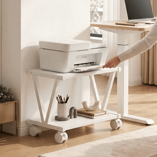 HOMCOM Suporte para Impressora de 2 Níveis com Rodas Bloqueáveis, Estrutura Metálica em V, Estante Multiusos debaixo da Secretária para Escritório ou Casa, Branco HOMCOM Suporte para Impressora de 2 Níveis com Rodas Bloqueáveis, Estrutura Metálica em V, Estante Multiusos debaixo da Secretária para Escritório ou Casa, Branco