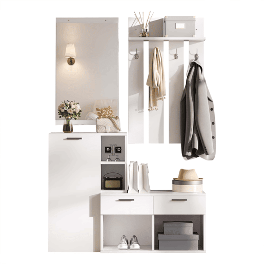Móvel de entrada com cabideiro 120x35x175,5 cm - sapateira, espelho, ganchos, 2 gavetas, compacto - branco