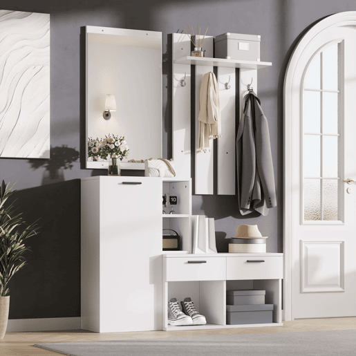 Móvel de entrada com cabideiro 120x35x175,5 cm - sapateira, espelho, ganchos, 2 gavetas, compacto - branco
