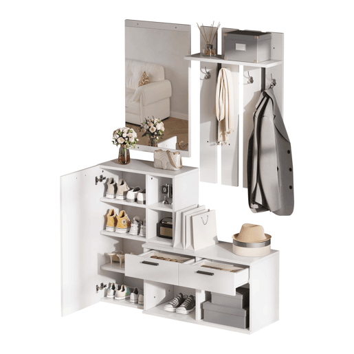 Móvel de entrada com cabideiro 120x35x175,5 cm - sapateira, espelho, ganchos, 2 gavetas, compacto - branco