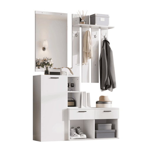 Móvel de entrada com cabideiro 120x35x175,5 cm - sapateira, espelho, ganchos, 2 gavetas, compacto - branco