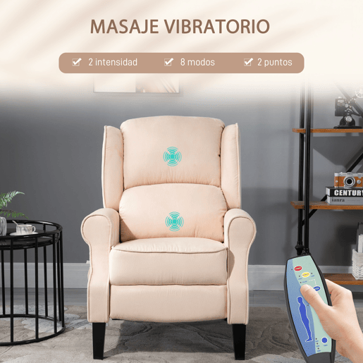 Poltrona de massagem reclinável com controle remoto, 2 zonas de massagem e estofamento em tecido camurça, 78x83x101 cm, creme.