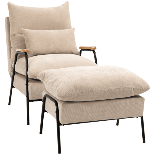 Poltrona relaxante com apoio para os pés, poltrona reclinável com encosto ajustável, estofada em veludo cotelê, 68x91,5x88 cm, bege