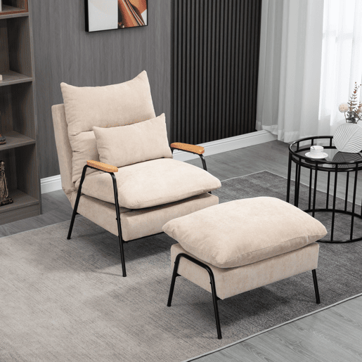 Poltrona relaxante com apoio para os pés, poltrona reclinável com encosto ajustável, estofada em veludo cotelê, 68x91,5x88 cm, bege