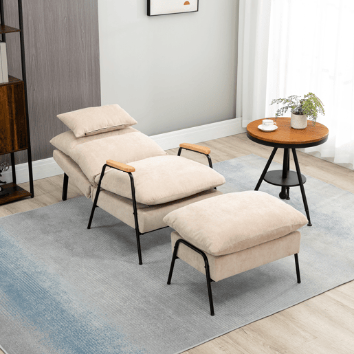 Poltrona relaxante com apoio para os pés, poltrona reclinável com encosto ajustável, estofada em veludo cotelê, 68x91,5x88 cm, bege