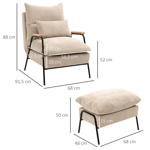 Poltrona relaxante com apoio para os pés, poltrona reclinável com encosto ajustável, estofada em veludo cotelê, 68x91,5x88 cm, bege