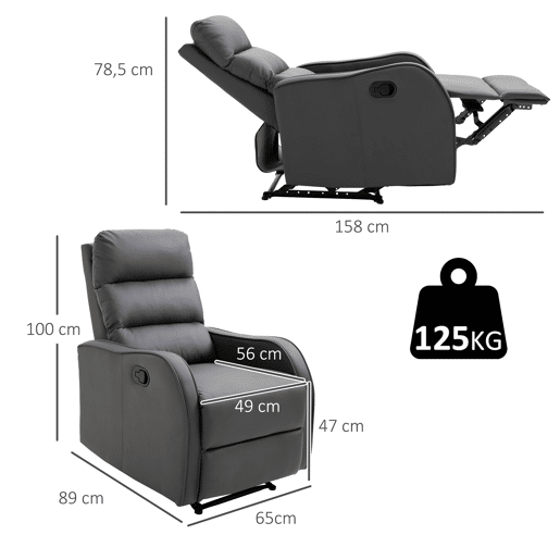 Poltrona reclinável, sofá estofado em PU com apoio para os pés retrátil para quarto ou sala de estar, 65x89x100 cm, cinza Poltrona reclinável, sofá estofado em PU com apoio para os pés retrátil para quarto ou sala de estar, 65x89x100 cm, cinza