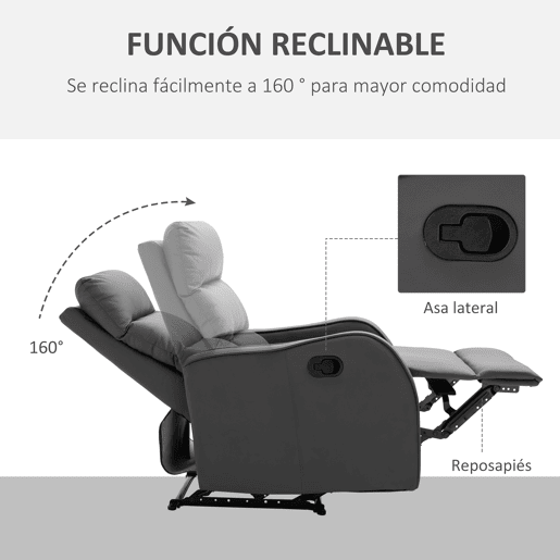 Poltrona reclinável, sofá estofado em PU com apoio para os pés retrátil para quarto ou sala de estar, 65x89x100 cm, cinza Poltrona reclinável, sofá estofado em PU com apoio para os pés retrátil para quarto ou sala de estar, 65x89x100 cm, cinza