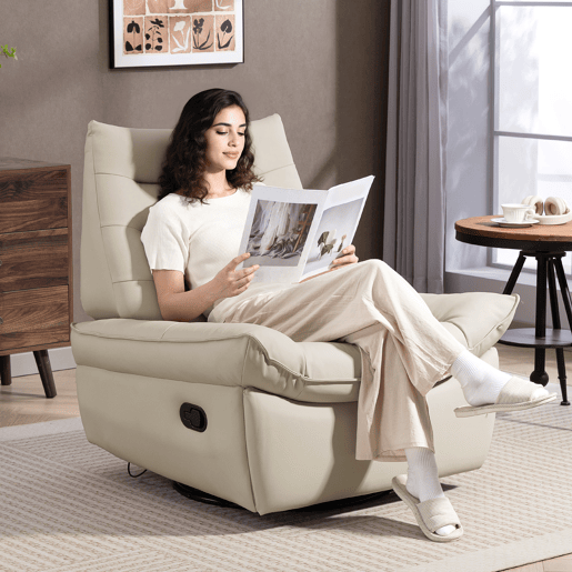 Poltrona giratória reclinável Relax com função de balanço, estofamento em PU, apoio para os pés, assento amplo, estofamento espesso, cor creme.