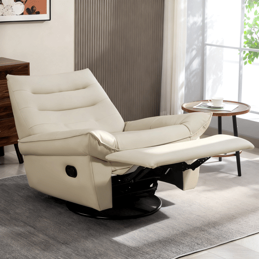 Poltrona giratória reclinável Relax com função de balanço, estofamento em PU, apoio para os pés, assento amplo, estofamento espesso, cor creme.