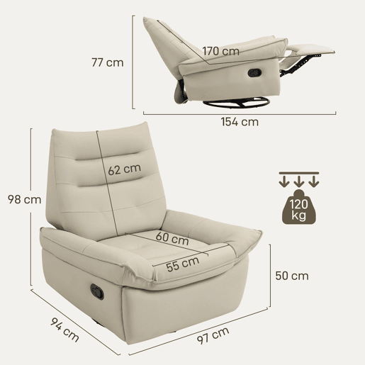 Poltrona giratória reclinável Relax com função de balanço, estofamento em PU, apoio para os pés, assento amplo, estofamento espesso, cor creme.