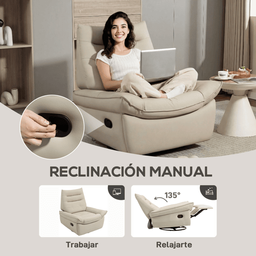 Poltrona giratória reclinável Relax com função de balanço, estofamento em PU, apoio para os pés, assento amplo, estofamento espesso, cor creme.