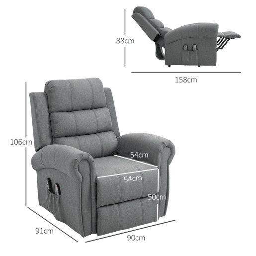 Poltrona elétrica reclinável com massagem vibratória e aquecimento, controle remoto, cinza.