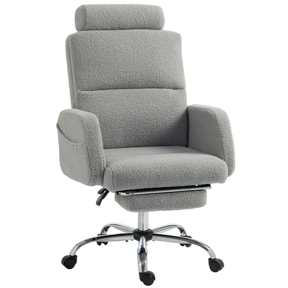 Homcom silla de escritorio con reposapiés tapizada en borreguito silla de oficina con respaldo reclinable reposacabezas ajustable respaldo alto altura ajustable gris claro