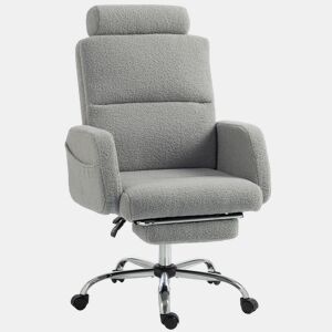 HOMCOM Cadeira de Escritório com Apoio para os Pés Estofada em Pelúcia, Encosto Reclinável e Cabeceira Ajustável, Altura Regulável, Cinzento Claro