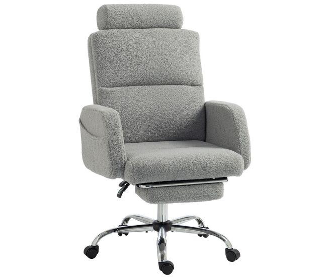 Homcom silla de escritorio con reposapiés tapizada en borreguito silla de oficina con respaldo reclinable reposacabezas ajustable respaldo alto altura ajustable gris claro
