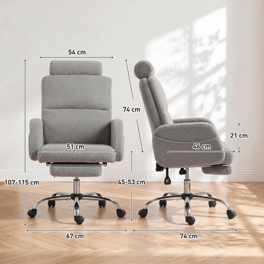 HOMCOM Cadeira de Escritório com Apoio para os Pés Estofada em Pelúcia, Encosto Reclinável e Cabeceira Ajustável, Altura Regulável, Cinzento Claro
