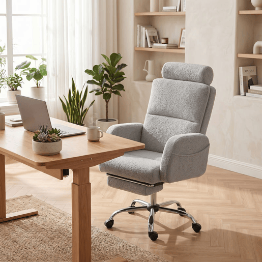 HOMCOM Cadeira de Escritório com Apoio para os Pés Estofada em Pelúcia, Encosto Reclinável e Cabeceira Ajustável, Altura Regulável, Cinzento Claro