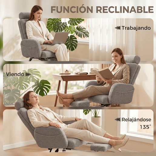 HOMCOM Cadeira de Escritório com Apoio para os Pés Estofada em Pelúcia, Encosto Reclinável e Cabeceira Ajustável, Altura Regulável, Cinzento Claro
