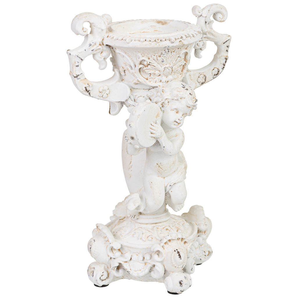 Candelabro con ángel de resina blanca 17x15x28 cm