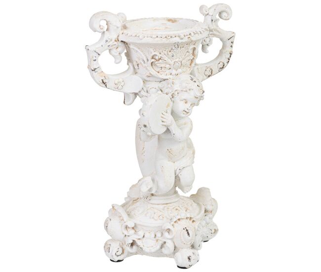 Candelabro con ángel de resina blanca 17x15x28 cm