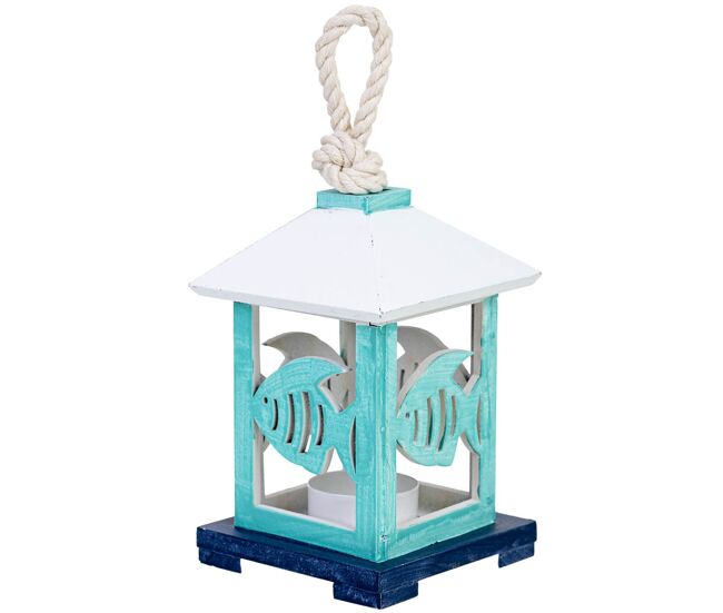 Portavelas colgante de madera con peces azul 10x10x23h cm