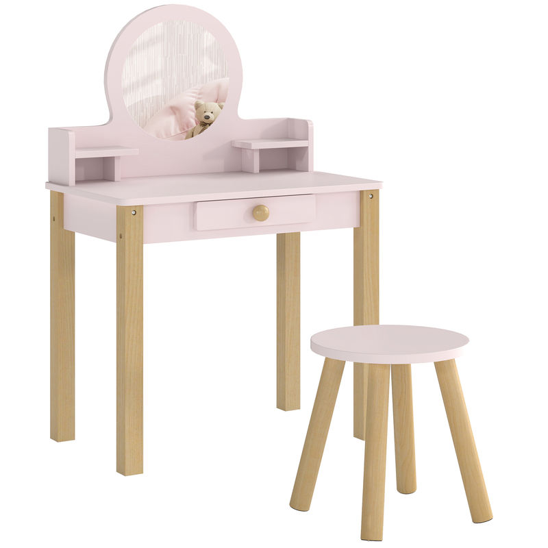 Aiyaplay tocador de maquillaje niña, tocador infantil con taburete y espejo, cajón y 2 estantes abiertos, para niños de 3 a 6 años, rosa