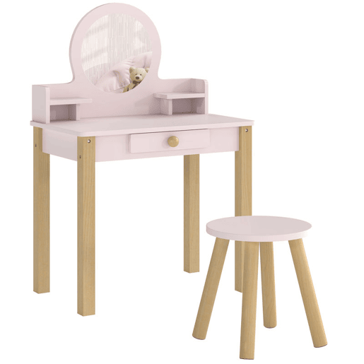 AIYAPLAY Toucador Infantil com Banqueta e Espelho, Gaveta e 2 Prateleiras Abertas, para Crianças dos 3 aos 6 Anos, Rosa AIYAPLAY Toucador Infantil com Banqueta e Espelho, Gaveta e 2 Prateleiras Abertas, para Crianças dos 3 aos 6 Anos, Rosa