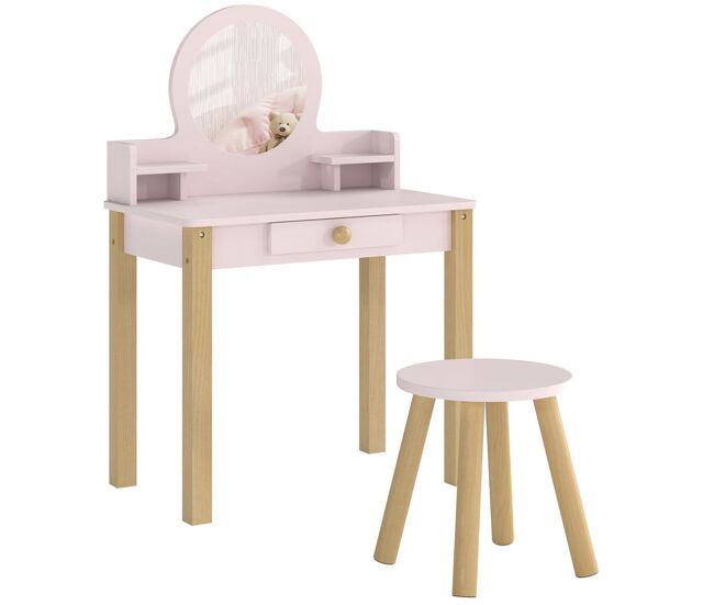 Aiyaplay tocador de maquillaje niña, tocador infantil con taburete y espejo, cajón y 2 estantes abiertos, para niños de 3 a 6 años, rosa
