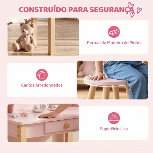 AIYAPLAY Toucador Infantil com Banqueta e Espelho, Gaveta e 2 Prateleiras Abertas, para Crianças dos 3 aos 6 Anos, Rosa AIYAPLAY Toucador Infantil com Banqueta e Espelho, Gaveta e 2 Prateleiras Abertas, para Crianças dos 3 aos 6 Anos, Rosa
