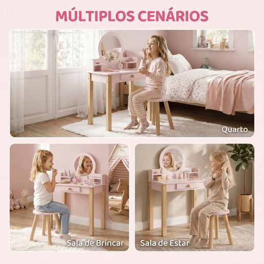 AIYAPLAY Toucador Infantil com Banqueta e Espelho, Gaveta e 2 Prateleiras Abertas, para Crianças dos 3 aos 6 Anos, Rosa AIYAPLAY Toucador Infantil com Banqueta e Espelho, Gaveta e 2 Prateleiras Abertas, para Crianças dos 3 aos 6 Anos, Rosa