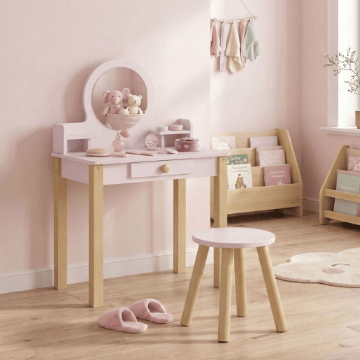 AIYAPLAY Toucador Infantil com Banqueta e Espelho, Gaveta e 2 Prateleiras Abertas, para Crianças dos 3 aos 6 Anos, Rosa AIYAPLAY Toucador Infantil com Banqueta e Espelho, Gaveta e 2 Prateleiras Abertas, para Crianças dos 3 aos 6 Anos, Rosa
