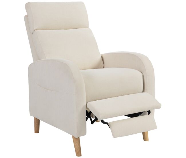 Sillón relax reclinable tapizado en lino sintético con reposapiés y bolsillos laterales carga 135 kg crema