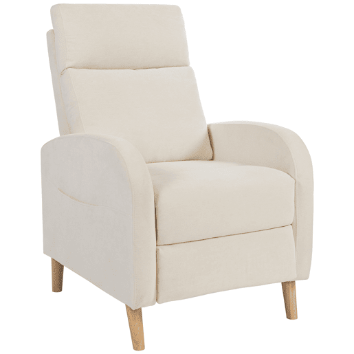 Poltrona reclinável Relax, estofada em linho sintético, com apoio para os pés e bolsos laterais, capacidade de carga de 135 kg, cor creme.