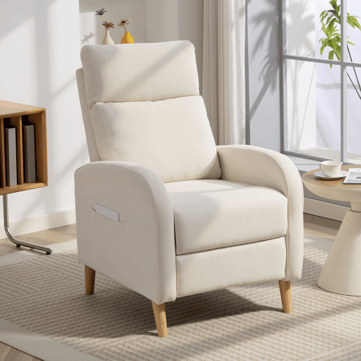 Poltrona reclinável Relax, estofada em linho sintético, com apoio para os pés e bolsos laterais, capacidade de carga de 135 kg, cor creme.