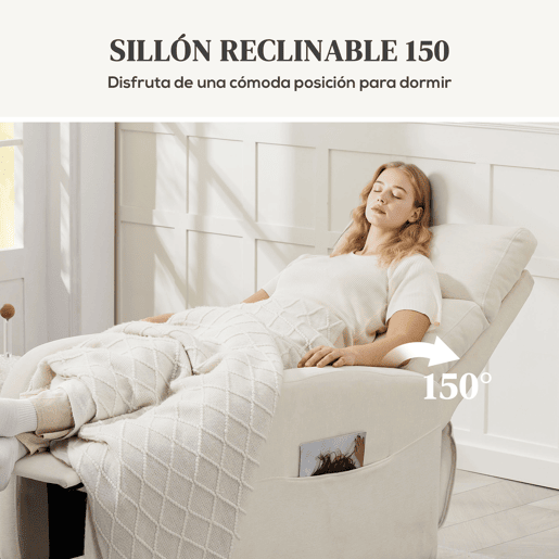 Poltrona reclinável Relax, estofada em linho sintético, com apoio para os pés e bolsos laterais, capacidade de carga de 135 kg, cor creme.
