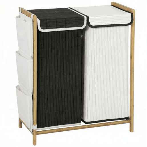 HOMCOM Cesto de Roupa Suja com Tampa, 120L, Cesto de Roupa de Bambu com 2 Compartimentos, Sacos Removíveis e Laváveis com Cordão, Bolsos Laterais, para Lavandaria, 63x33x78 cm, Branco e Preto