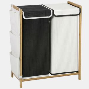 HOMCOM Cesto de Roupa Suja com Tampa, 120L, Cesto de Roupa de Bambu com 2 Compartimentos, Sacos Removíveis e Laváveis com Cordão, Bolsos Laterais, para Lavandaria, 63x33x78 cm, Branco e Preto
