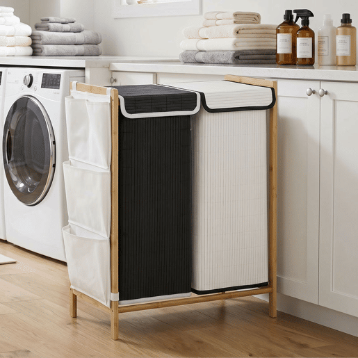 HOMCOM Cesto de Roupa Suja com Tampa, 120L, Cesto de Roupa de Bambu com 2 Compartimentos, Sacos Removíveis e Laváveis com Cordão, Bolsos Laterais, para Lavandaria, 63x33x78 cm, Branco e Preto