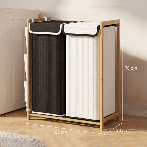 HOMCOM Cesto de Roupa Suja com Tampa, 120L, Cesto de Roupa de Bambu com 2 Compartimentos, Sacos Removíveis e Laváveis com Cordão, Bolsos Laterais, para Lavandaria, 63x33x78 cm, Branco e Preto
