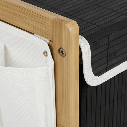 HOMCOM Cesto de Roupa Suja com Tampa, 120L, Cesto de Roupa de Bambu com 2 Compartimentos, Sacos Removíveis e Laváveis com Cordão, Bolsos Laterais, para Lavandaria, 63x33x78 cm, Branco e Preto